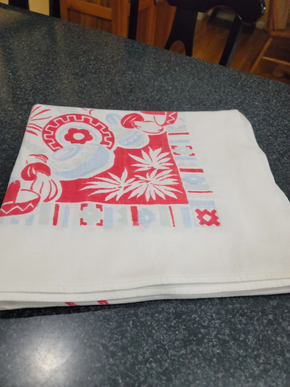 Vintage Rectangular Tablecloth White Red Blue Geometric Mexico Theme